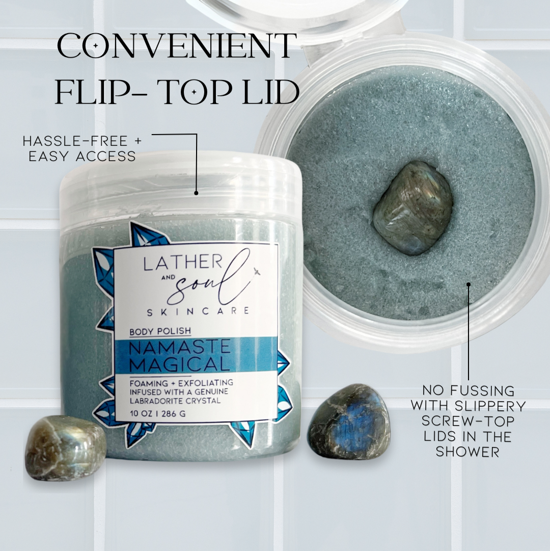 Body scrub with a flip-top lid design so you don't have to fight to open your body scrub!