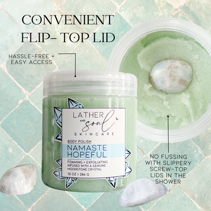 Moonstone infused body polish with a convienient flip-top lid