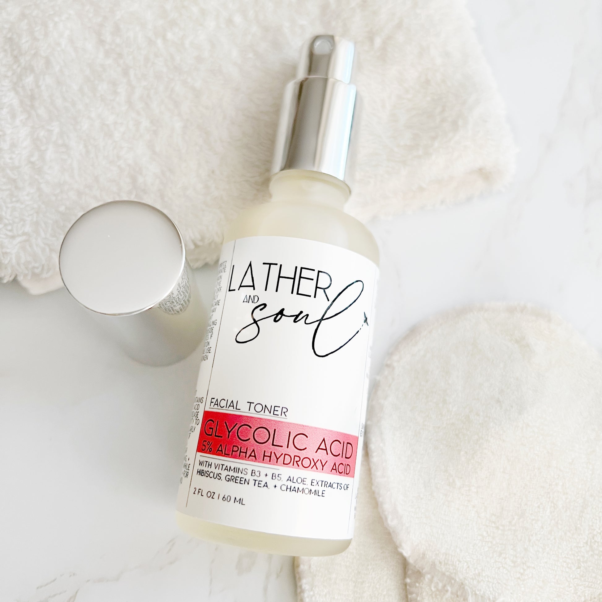 Facial toner with glycolic acid for smoother, younger looking skin, by Lather and Soul Skincare.