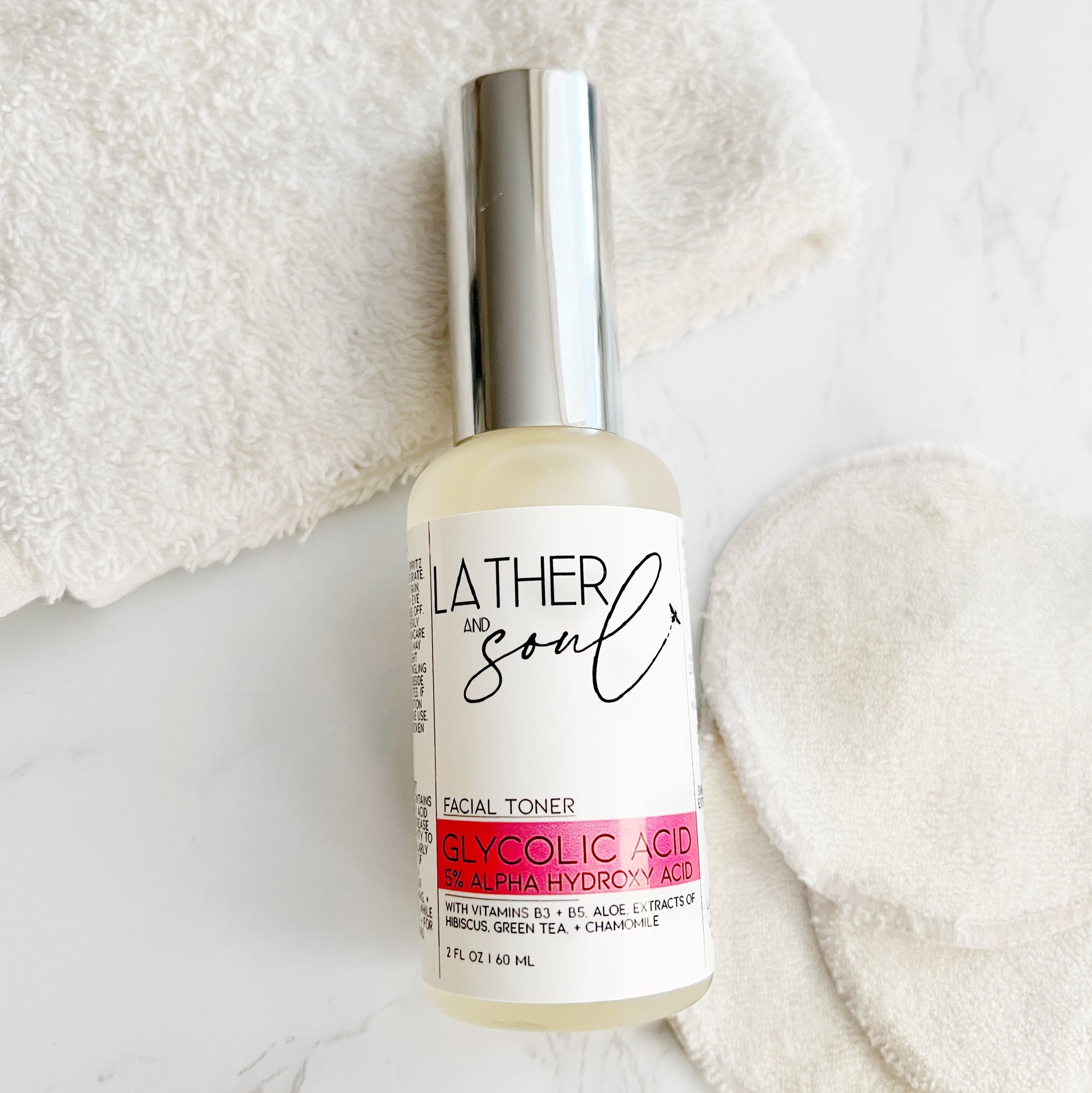 Facial toner with glycolic acid for smoother, younger looking skin, by Lather and Soul Skincare.