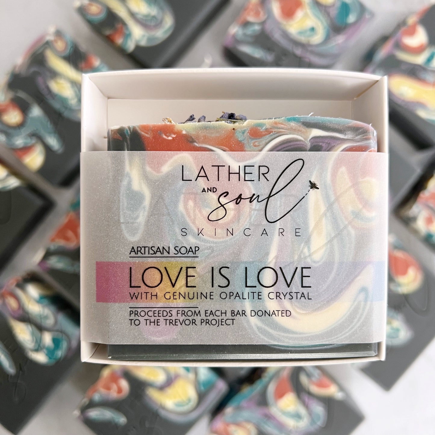 "Love is Love" crystal soaps in rainbow colors for Pride month