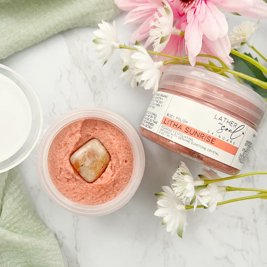 Crystal infused body scrub with genuine sunstone from Lather + Soul