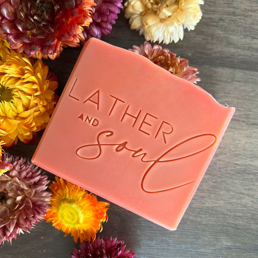 Natural soap made with organic ingredients, essential oils, and natural colorant from Himalayan rhubarb, from Lather and Soul.