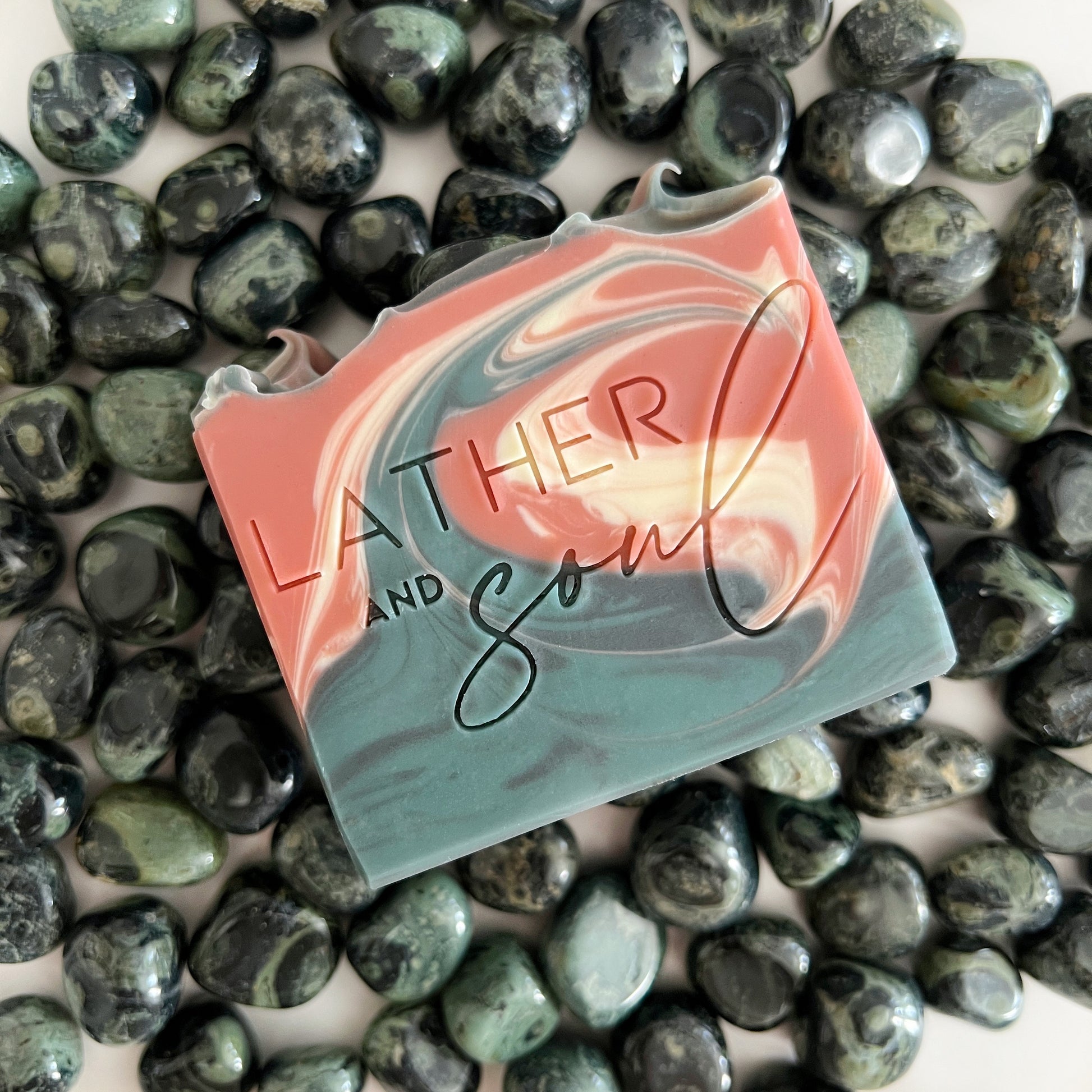 Kambaba jasper crystal soap in a juicy watermelon scent, from Lather and Soul