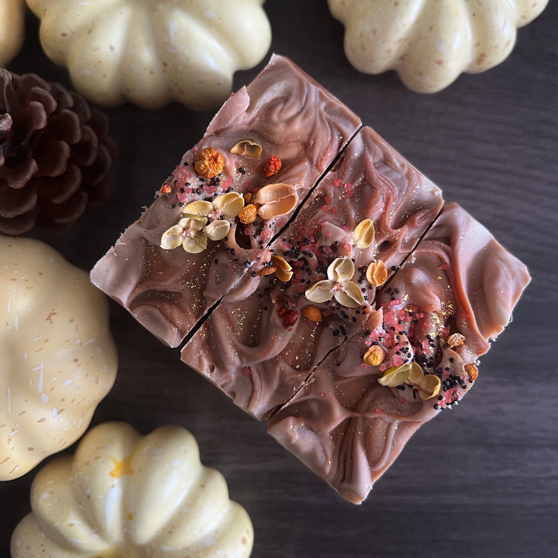 A sweet pumpkin pie scented soap handmade by Lather and Soul