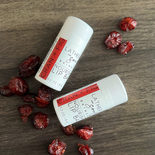 Cran + Fig organic lip balm by Lather and Soul, in an eco friendly paperboard tube