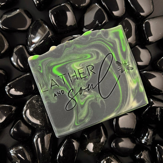 New crystal soap with black obsidian and glows in the dark! By Lather and Soul