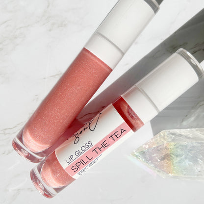 "Spill the Tea" sheer shimmer pink lip gloss, non-sticky and nourishing