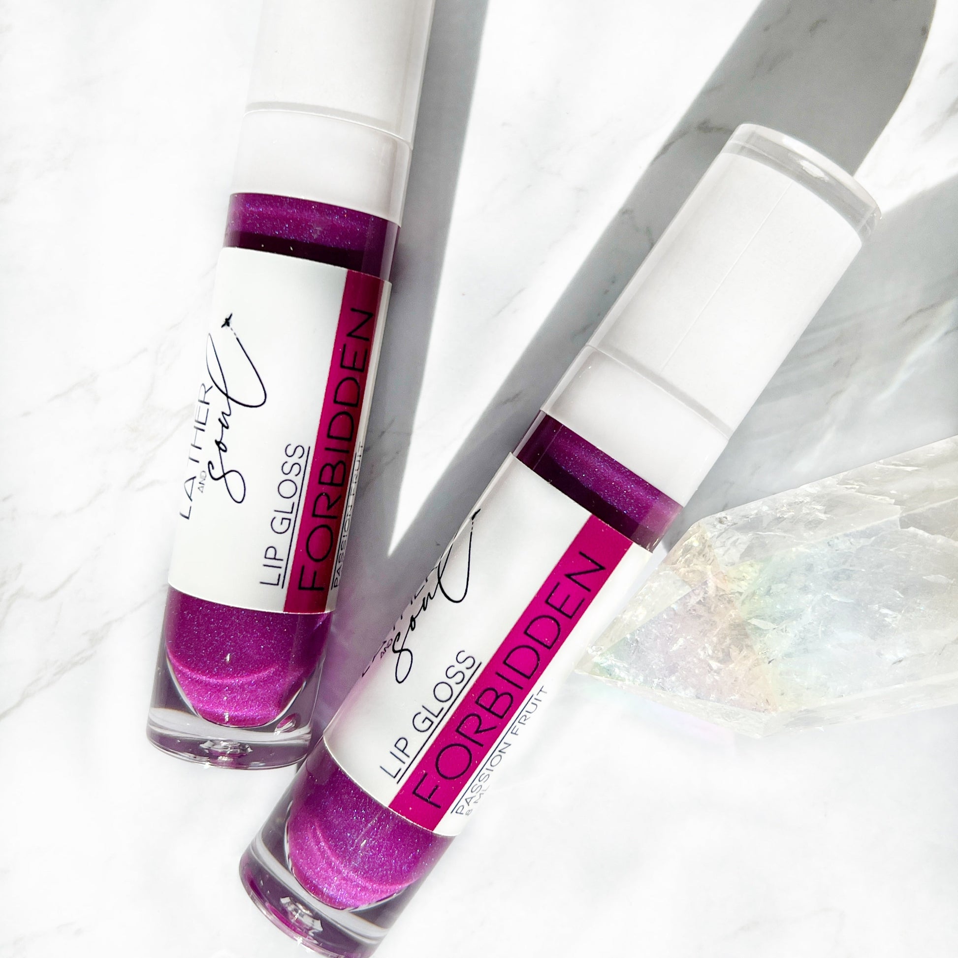 "Forbidden" sheer shimmer purple lip gloss, from Lather and Soul