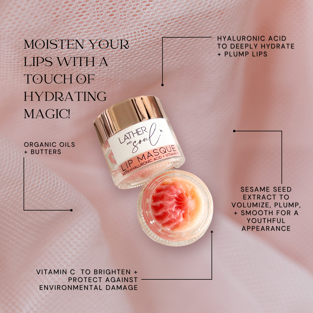 Ingredient benefits of Lather and Soul's nourishing lip masque, with vitamin C, hyaluronic acid, and sesame seed extract.